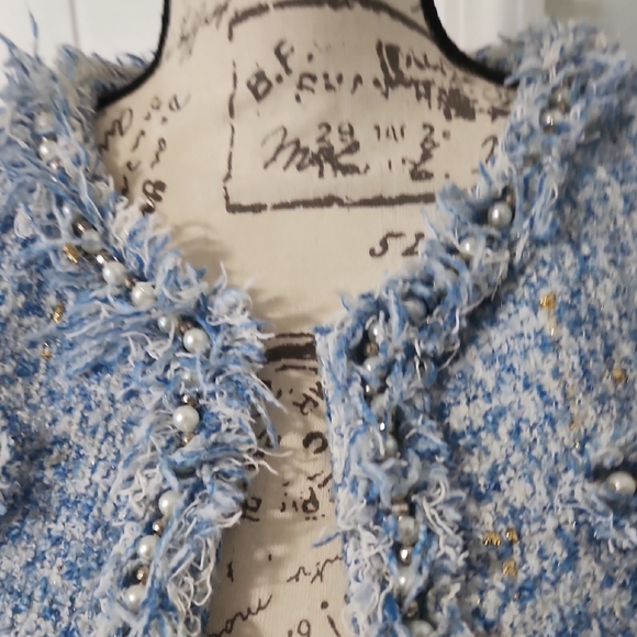 BOUTIQUE Size 6 Blue Boucle Tweed Blazer And Skirt Suit - Picture 4 of 6